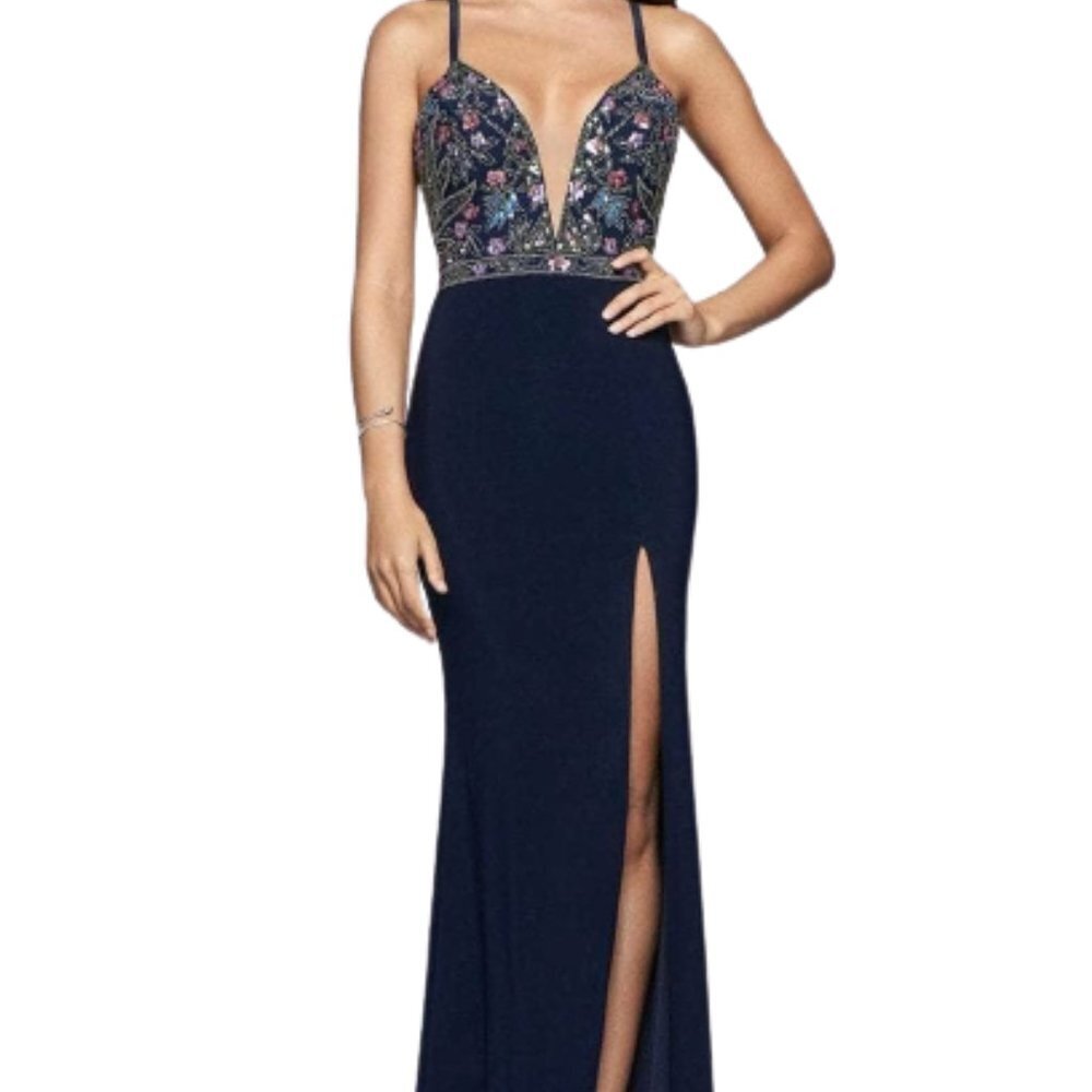 NWT Faviana 10067 Jersey Prom Dress Jersey Navy Size 16